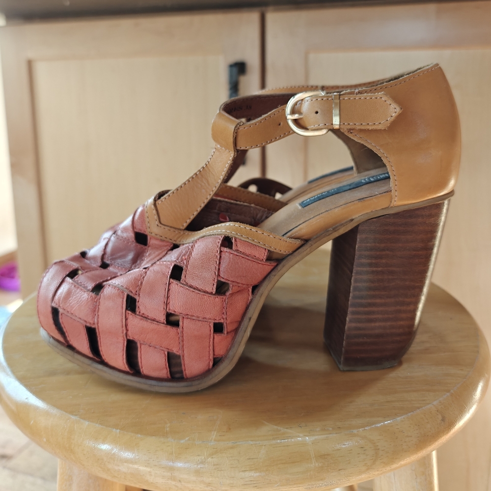 Miista Coral and Tan Woven Heels